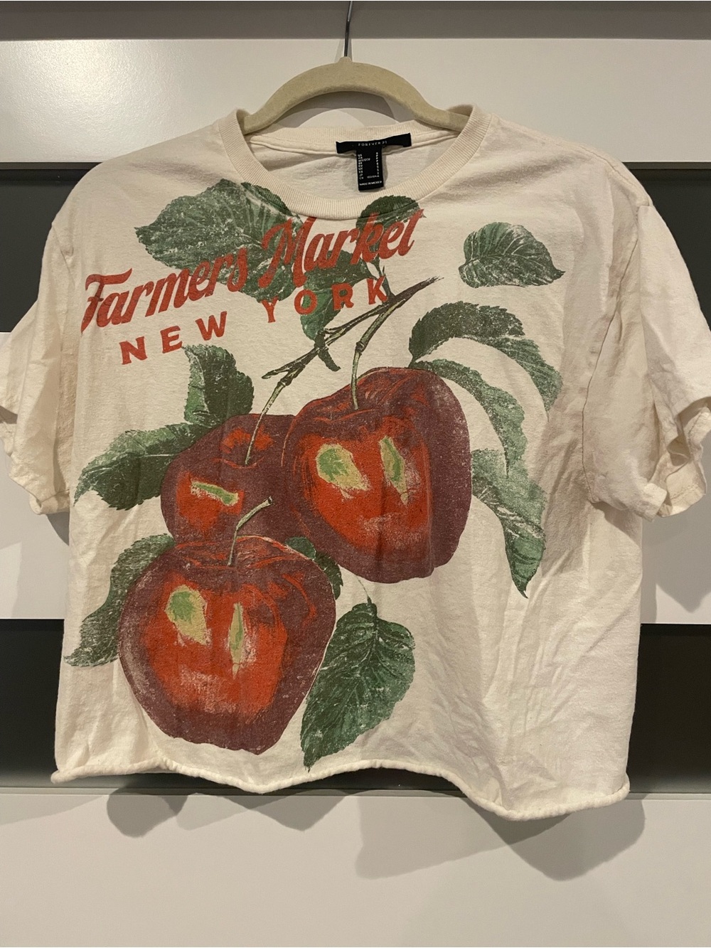 Forever 21 Cream Crop Tee with Red Apple Graphic